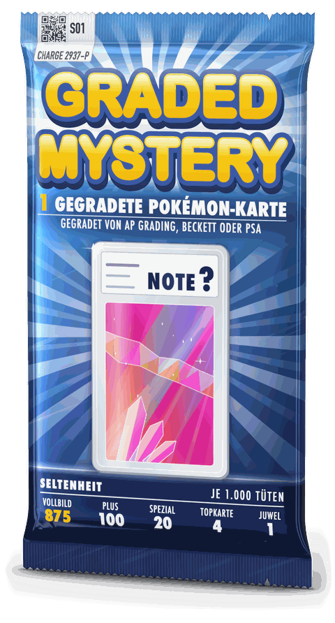 Tüte GRADED MYSTERY Serie 01, Vorderseite in 3D: „1 gegradete Pokémon-Karte“, „Gegradet von AP Grading, Beckett oder PSA“, symbolischer Slab mit Etikett „NOTE ?“, unten die Seltenheit je 1.000 Tüten.